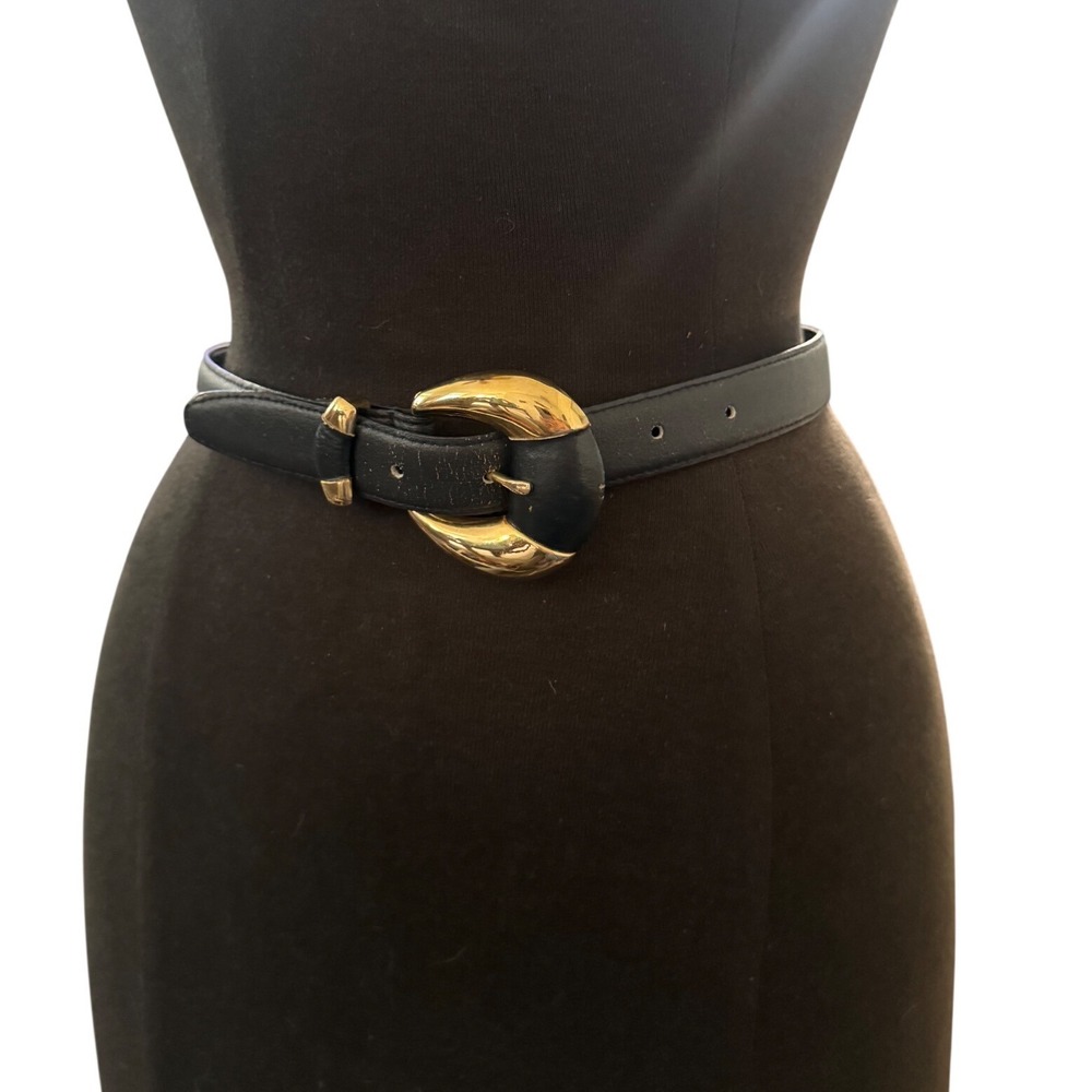 Leather Shop Vintage 1997 Dark Blue  Leather Belt Gold Crescent Buckle Sm Taiwan